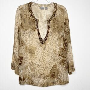 CHICO'S Silk Rhinestone Bead Embellished Sheer Tunic Blouse Top Womens Medium